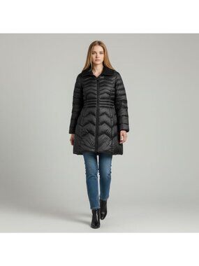 Bernardo Womens M Full Zip Down Puffer Coat Parka Long Jacket Black Medium Pocke